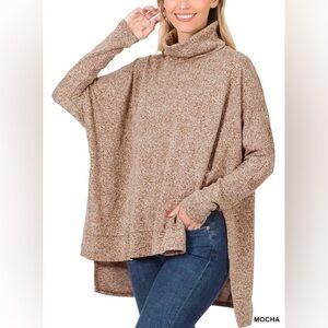 Zenana Cowl Neck Melange Bat Wing Sweater Poncho Mocha High Low Oversized